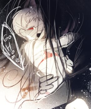 Rule 34 | 1boy, 1girl, adashino adami, bikini, black hair, black kimono, commentary, english commentary, english text, highres, homicipher, hug, japanese clothes, kimono, long hair, looking at viewer, mr. crawling, raincoat, red bikini, red hair, see-through clothes, see-through raincoat, short hair, sweeeet him, swimsuit, very long hair, white hair