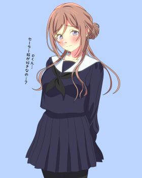 1girl absurdres black_neckerchief black_pantyhose blue_background blue_eyes blue_serafuku blush brown_hair collarbone commentary_request gakuen_idolmaster highres himesaki_rinami idolmaster long_hair long_sleeves looking_at_viewer neckerchief pantyhose pleated_skirt school_uniform serafuku shinonome_sakura simple_background skirt solo translation_request