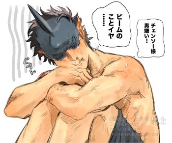 1boy :t animal_head beam_(chainsaw_man) black_hair black_shorts blood blush chainsaw_man closed_mouth commentary_request dried_blood gakua highres hugging_own_legs male_focus nosebleed pointy_ears shark_boy shark_fin shark_head short_hair shorts snot solo speech_bubble topless_male translation_request watermark
