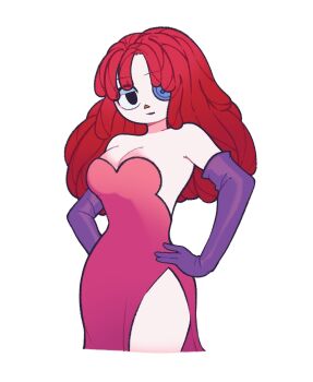 1girl breasts button_eye buttons cleavage cosplay dress elbow_gloves glitch_productions gloves highres jessica_rabbit jessica_rabbit_(cosplay) looking_at_viewer ragatha_(the_amazing_digital_circus) red_dress red_hair the_amazing_digital_circus who_framed_roger_rabbit