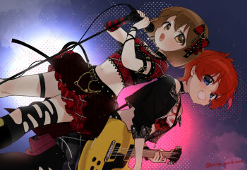 arm_strap belt_collar black_bow black_choker black_gloves black_pantyhose black_ribbon black_shirt black_skirt black_thighhighs blue_eyes bow brown_eyes brown_hair choker collar cropped_shirt dutch_angle fingerless_gloves gloves grin guitar hagiwara_yukiho hair_between_eyes hair_bow hands_up highres holding holding_guitar holding_instrument holding_microphone idolmaster idolmaster_(classic) idolmaster_million_live! idolmaster_million_live!_theater_days instrument julia_(idolmaster) kirita_producer layered_skirt legs_apart light_blush looking_at_viewer medium_hair microphone microphone_stand midriff miniskirt music navel pantyhose plaid_clothes plaid_shirt plaid_skirt playing_instrument red_bow red_gloves red_hair red_shirt red_skirt ribbon shirt short_hair short_sleeves singing single_glove single_thighhigh skirt smile standing star_(symbol) star_sticker sticker sticker_on_face straight_hair striped_clothes striped_gloves sweat thigh_strap thighhighs torn_clothes torn_thighhighs twitter_username two-tone_bow two-tone_gloves two-tone_shirt two-tone_skirt v-shaped_eyebrows wrist_ribbon