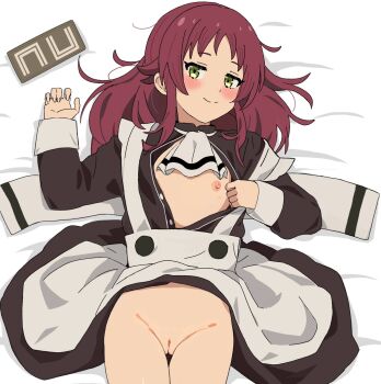 1girl aisha_greyrat bed blush cleft_of_venus flat_chest green_eyes highres kosuda loli lying maid mushoku_tensei nipples on_back on_bed one_breast_out open_clothes pussy red_hair source_request undressing