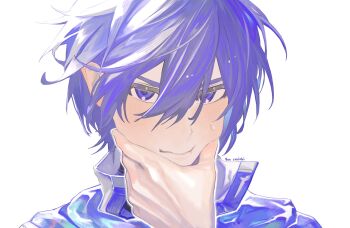 1boy 1other blue_hair blue_scarf blush cheek_pinching hair_between_eyes hashtag-only_commentary highres ill_0619 kaito_(vocaloid) looking_at_viewer male_focus pinching scarf short_hair simple_background solo_focus sweatdrop vocaloid white_background