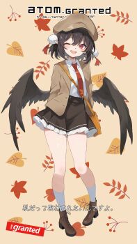 1girl ;d alternate_costume ankle_boots arms_behind_back autumn_leaves black_hair black_skirt black_wings blush boots brown_boots brown_hat brown_jacket collared_shirt feathered_wings frilled_skirt frills full_body hat highres jacket kneehighs leaf long_sleeves looking_at_viewer low_wings miniskirt necktie newsboy_cap one_eye_closed open_clothes open_jacket open_mouth pointy_ears pom_pom_(clothes) red_eyes red_necktie shameimaru_aya shirt short_hair skirt smile socks solo standing tetsurou_(fe+) touhou translation_request white_shirt white_socks wings yellow_background