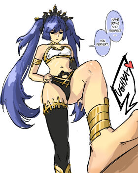 1girl absurdres anklet armlet bare_shoulders barefoot bikini black_bikini black_thighhighs blue_eyes blue_hair breasts commentary cosplay english_text fate/grand_order fate_(series) hand_on_own_hip headgear highres implied_footjob ishtar_(fate) ishtar_(fate)_(cosplay) iuno_(wuthering_waves) jewelry long_hair medium_breasts mismatched_bikini navel parted_lips rezilism simple_background single_thighhigh solo stepped_on stomach swimsuit thighhighs thighs twintails very_long_hair white_background white_bikini wuthering_waves