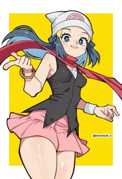 1girl absurdres artist_name bare_shoulders beanie black_shirt blue_eyes blue_hair border bracelet breasts bright_pupils commentary dawn_(pokemon) grin hat highres jewelry komatsuki_n long_hair looking_at_viewer nintendo outside_border pink_skirt pokemon pokemon_dppt red_scarf scarf shirt skirt sleeveless sleeveless_shirt small_breasts smile solo twitter_username white_border white_hat white_pupils wristband yellow_background