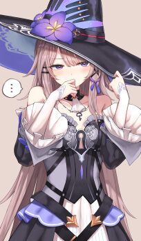 ... 1girl absurdres bare_shoulders black_dress black_hat black_sleeves blush breasts commentary_request covering_own_mouth detached_sleeves dress grey_background grey_hair hat herta_(honkai:_star_rail) highres honkai:_star_rail honkai_(series) jewelry key key_necklace long_hair medium_breasts necklace purple_eyes solo spoken_ellipsis strapless strapless_dress the_herta_(honkai:_star_rail) upper_body wide_sleeves witch_hat yamato_(muchuu_paradigm)