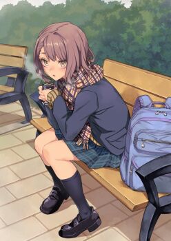 Rule 34 | 1girl, :o, backpack, bag, bench, black jacket, black shoes, black skirt, black socks, blue bag, brown hair, bush, can, canned coffee, day, drink can, full body, holding, holding can, jacket, loafers, long sleeves, looking at viewer, on bench, original, outdoors, park bench, parted lips, plaid clothes, plaid scarf, plaid skirt, pleated skirt, saeki shun, scarf, school bag, school uniform, shoes, short hair, sitting, skirt, socks, solo, steam, unworn bag, yellow eyes, yellow scarf