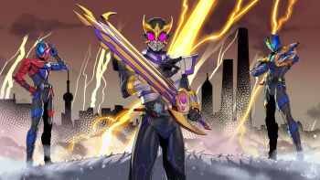 3boys animal_ears armor bare_shoulders belt blue_armor blue_eyes blue_gloves bodysuit breasts brown_eyes build_driver clenched_hand cowboy_shot crossover full_armor fullbottle gloves glowing glowing_eyes hair_ornament headgear helmet highres kamen_rider kamen_rider_build kamen_rider_build_(series) kamen_rider_cross-z kamen_rider_kuuga kamen_rider_kuuga_(series) kuuga_(rising_titan) kuuga_(titan) lightning male_focus mechanical military military_vehicle motor_vehicle multiple_boys orange_armor orange_eyes pauldrons qingyun_zhizhe rabbit rabbit+tank_form rabbit+tank_form_(best_match) rabbit_ears red_armor red_eyes red_gloves rider_belt short_hair shoulder_armor solo sword tank titan_sword tokusatsu visor weapon