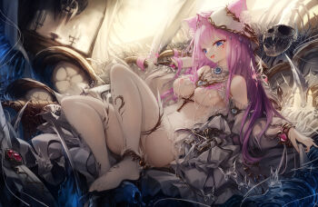 Rule 34 | 1girl, absurdres, animal ears, animal skull, anklet, bare shoulders, blue eyes, bracelet, breasts, bug, butterfly, candelabra, candle, candlestand, cat ears, collar jewel, commentary request, covered erect nipples, covered navel, cross, fang, feathers, fountain, full body, headdress, heart, highres, insect, jewel under eye, jewelry, knees up, long hair, medium breasts, open mouth, original, pink butterfly, pink hair, pink nails, reclining, see-through clothes, see-through shirt, seelehan, shirt, skeleton, skin fang, skull, solo, thighhighs, thighlet, tongue, tongue out, twirling hair, white butterfly, white feathers, white thighhighs