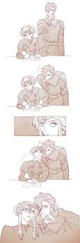 Rule 34 | 1boy, 1girl, ?, accident, accidental penetration, alternate costume, blood, cheekbones, clenched teeth, close-up, closed mouth, coat, commentary, confused, double bun, dress, edelgard von hresvelg, edelgard von hresvelg (timeskip), english commentary, fake horns, fire emblem, fire emblem: three houses, hair bun, hair over one eye, head tilt, headpiece, highres, horns, hubert von vestra, hubert von vestra (timeskip), leaning forward, leaning to the side, long sleeves, monochrome, mystical high collar, nintendo, paper, parted lips, rentonotnerd, scared, shaded face, sitting, stab, standing, surprised, table, teeth, upper body, wide-eyed, worried, writing