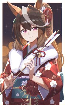 Rule 34 | 1girl, absurdres, animal ears, arrow (projectile), breasts, brown hair, closed mouth, commentary request, earrings, floral print, floral print kimono, hair between eyes, hamaya, highres, holding, holding arrow, horse ears, horse girl, japanese clothes, jewelry, kimono, kusubii, long hair, long sleeves, looking at viewer, multicolored hair, obi, ponytail, print kimono, purple eyes, red kimono, sash, single earring, smile, streaked hair, symboli rudolf (umamusume), umamusume, white hair