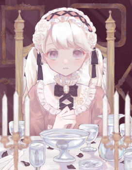 1girl absurdres black_bow blurry blurry_foreground bow bowtie brooch candelabra candle candlestand chair collared_dress commentary_request cup curusucururi depth_of_field dress drinking_glass empty_picture_frame floral_print flower frilled_hairband frilled_shirt_collar frills hair_flower hair_ornament hair_ribbon hairband hand_up high_collar highres indoors jewelry lolita_fashion lolita_hairband long_hair long_sleeves looking_up on_chair original parted_bangs parted_lips picture_frame pink_dress pink_eyes puffy_long_sleeves puffy_sleeves ribbon ribbon-trimmed_hairband sitting solo table twintails vase white_flower white_hair