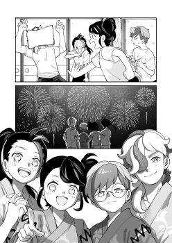 1boy 4girls absurdres age_difference alternate_hairstyle arven_(pokemon) black_hair blue_hair breasts brown_eyes brown_hair comic eyelashes fingernails fireworks flat_chest freckles bad_tag glasses hair_over_one_eye hands_up happy height_difference highres index_finger_raised japanese_clothes jinbei_(clothes) juliana_(pokemon) legs long_hair looking_at_viewer matching_hair/eyes medium_breasts monochrome multicolored_hair multiple_girls neck nemona_(pokemon) nintendo official_alternate_costume open_mouth own_hands_together penny_(pokemon) pointing pokemon pokemon_sv ponytail red_hair sakake_asobi short_hair short_sleeves side_ponytail sidelocks smile standing summer summer_festival swept_bangs traditional_clothes two-tone_hair