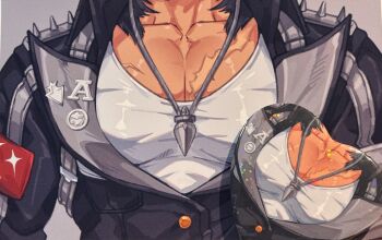 1boy bara black_jacket collarbone highres huge_pectorals jacket jewelry komano_manato large_pectorals male_focus minghii muscular muscular_male necklace non-web_source pectoral_cleavage pectoral_focus pectorals scar scar_on_chest shirt white_shirt zenless_zone_zero