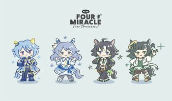 2_dando 4girls ahoge androgynous animal_ears asymmetrical_footwear belt black_bow black_gloves black_hair black_jacket black_necktie black_pants black_shoes blazer blue_boots blue_coat blue_eyes blue_hair blue_sash blue_shirt blue_skirt blush_stickers boots bow bowtie brown_belt brown_boots brown_eyes brown_shorts center_opening character_request chibi clenched_hand clenched_hands closed_mouth coat collared_coat collared_dress collared_jacket collared_shirt commentary_request crossdressing crossdressing_(ftm) dress dress_pants dress_shoes dress_under_skirt ear_bow ear_covers ear_ornament ear_ribbon english_text finger_gun fuji_kiseki_(shooting_star_revue)_(umamusume) fuji_kiseki_(umamusume) fur-trimmed_boots fur_trim gloves gold_buckle green_shirt grey_background grey_boots grey_eyes grey_pantyhose hair_between_eyes hand_on_own_chest hand_on_own_hip happy high_heel_boots high_heels hishi_miracle_(umamusume) horse_ears horse_girl horse_tail jacket k.s.miracle_(prism)_(umamusume) k.s.miracle_(umamusume) knee_boots kneehighs lapels layered_sleeves long_sleeves looking_at_viewer medium_dress midriff miniskirt mismatched_boots multicolored_hair multiple_belts multiple_girls neck_ribbon necktie notched_lapels one_side_up open_belt open_clothes open_coat open_jacket pants pantyhose puffy_long_sleeves puffy_sleeves purple_eyes ribbon sash shadow shirt shoes short_hair short_over_long_sleeves short_sleeves shorts simple_background single_knee_boot single_stripe skirt sleeve_cuffs smile socks sparkle standing star_(symbol) streaked_hair striped_bow tail trait_connection umamusume waist_sash white_belt white_boots white_bow white_bowtie white_dress white_jacket white_ribbon white_shirt white_socks yellow_ribbon