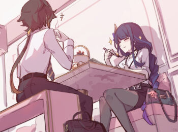 Rule 34 | absurdres, alternate costume, bag, black pantyhose, blunt bangs, blush, braid, brown hair, c520gpss, chair, chewing, chinese commentary, closed eyes, collared shirt, commentary request, couple, cup, eating, food, from behind, from below, genshin impact, hair ornament, handbag, happy, hetero, highres, holding, holding cup, indoors, long sleeves, low ponytail, name tag, office lady, on chair, pants, pantyhose, pink background, ponytail, purple hair, raiden shogun, salaryman, shade, shadow, shirt, sitting, skirt, sparkle, table, teacup, upper body, white shirt, yae miko, yae miko (fox), zhongli (genshin impact)