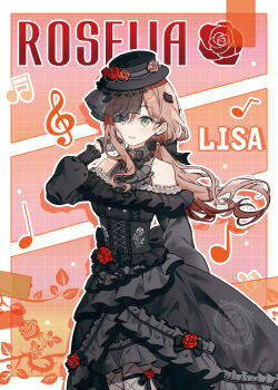 1girl alternate_costume alternate_hairstyle bang_dream! bang_dream!_girls_band_party! bare_shoulders beamed_eighth_notes black_dress bow brown_hair character_name chinese_commentary commentary_request corset cross-laced_clothes dress eighth_note english_text fishnet_pantyhose fishnets flower frilled_dress frills gothic_lolita green_eyes hair_ornament hand_up hat hat_flower highres imai_lisa jewelry layered_dress lolita_fashion long_hair long_sleeves looking_at_viewer migolu musical_note nuoweisenlin_tongren_gongzuoshi off-shoulder_dress off_shoulder outline pantyhose red_flower red_rose ribbon rose roselia_(bang_dream!) smile solo thighhighs
