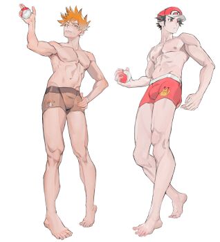2boys baseball_cap blue_oak boxer_briefs brown_eyes brown_male_underwear bulge commentary_request full_body hat highres holding holding_poke_ball male_focus male_underwear mewnar multiple_boys muscular nintendo nipples poke_ball poke_ball_(basic) pokemon red_(pokemon) red_hat red_male_underwear salute spiked_hair topless_male two-finger_salute underwear