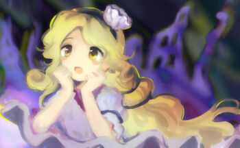 1girl :d black_hairband blonde_hair blurry blurry_background blush commentary_request dress grey_dress hair_ornament hairband head_on_hands head_rest highres inamoyo leaning_forward long_hair looking_up one-hour_drawing_challenge open_mouth ponytail purple_background shell shell_hair_ornament sketch smile solo touhou watari_nina yellow_eyes