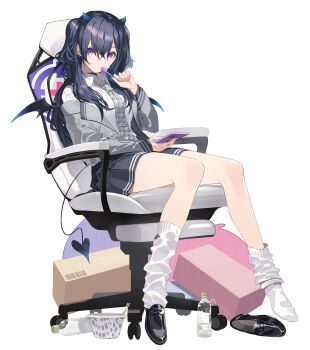 Rule 34 | 1girl, bat wings, black collar, black hair, black shoes, black skirt, blue hair, blue horns, box, candy, cardboard box, cellphone, chair, collar, collared shirt, commentary request, food, full body, grey jacket, grey necktie, highres, holding, holding candy, holding food, holding lollipop, holding phone, horns, ichinose uruha, ichinose uruha (6th costume), jacket, lollipop, long hair, long sleeves, looking at viewer, loose socks, multicolored hair, necktie, on chair, phone, plastic bottle, purple eyes, senmu (senmudayo), shirt, shoes, sitting, skirt, smartphone, socks, solo, streaked hair, tail, two-tone hair, two side up, virtual youtuber, vspo!, white background, white shirt, white socks, wings