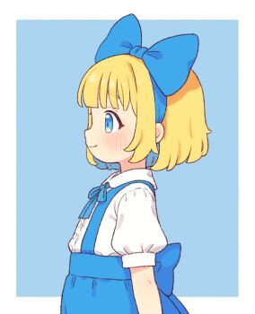 1girl assistant_(onyhakase) blonde_hair blue_bow blue_dress blue_eyes blue_hair blue_hairband blue_ribbon blush bow bow_hairband closed_mouth collared_shirt colored_inner_hair commentary_request dress flat_chest from_side hair_bow hairband multicolored_hair neck_ribbon onyhakase original puffy_short_sleeves puffy_sleeves ribbon rounded_collar shirt short_hair short_sleeves solo two-tone_hair upper_body white_shirt