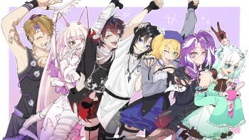 1other 2boys 4girls antenna_hair arthropod_girl bandaged_neck bandages black_hair black_shirt blonde_hair blue_eyes cockroach_girl dokibird dokibird_(retro_doki) doremie0 gradient_hair green_eyes green_hair hat highres indie_utaite indie_virtual_youtuber jacket kuro_kurenai kuro_kurenai_(1st_costume) long_hair looking_at_viewer maid maid_headdress matara_kan michi_mochievee michi_mochievee_(1st_costume) mint_fantome mint_fantome_(minto_2.0) monster_girl multicolored_hair multiple_boys multiple_girls open_mouth pink_hair purple_hair quinn_benet real_life red_eyes red_hair shirt short_hair smile stitched_face stitches streaked_hair twintails unnamed_(utaite) utaite virtual_youtuber vshojo white_hair