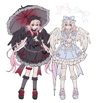 Rule 34 | 2girls, alternate costume, black dress, black wings, blue dress, bow, clunch, dress, dual persona, duplicate, evernight (honkai: star rail), flower, frills, hair bow, hair ornament, hairclip, highres, holding, holding umbrella, honkai: star rail, honkai (series), image sample, long hair, long sleeves, march 7th (honkai: star rail), medium hair, multicolored eyes, multiple girls, parallel hairclips, pink bow, red bow, red eyes, stuffed animal, stuffed rabbit, stuffed toy, thigh strap, two-tone eyes, umbrella, very long hair, white background, white wings, wings
