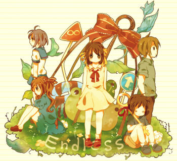 Rule 34 | 2boys, 3girls, asahina mikuru, casual, endless eight, green theme, kanamori mao, key, koizumi itsuki, kyon, leaf, mi-ru, multiple boys, multiple girls, nagato yuki, school uniform, serafuku, sign, suzumiya haruhi, suzumiya haruhi no yuuutsu