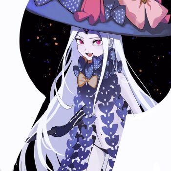 Rule 34 | 1girl, abigail williams (fate), abigail williams (third ascension) (fate), black panties, commentary request, fate/grand order, fate (series), flat chest, hat, highres, keyhole, kusuri 03, long hair, looking at viewer, navel, open mouth, panties, pink eyes, revealing clothes, sharp teeth, smile, solo, space, teeth, third eye, underwear, very long hair, white hair, witch hat