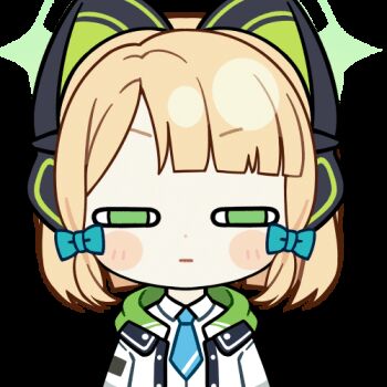 1girl :| anger_vein animal_ear_headphones animal_ears animated animated_gif aqua_necktie blonde_hair blue_archive blunt_bangs blunt_ends blush_stickers bow buttons cat_ear_headphones cat_ears chibi chibi_only chunye_haruya closed_mouth collared_shirt commission dot_nose fake_animal_ears green_bow green_eyes green_halo green_jacket hair_bow half-closed_eyes halo headphones hood hooded_jacket jacket looking_at_viewer low-tied_sidelocks lowres medium_hair midori_(blue_archive) missing_commentary multicolored_jacket necktie open_clothes open_jacket parted_bangs school_uniform second-party_source shaded_face shirt sidelocks simple_background solo squinting transparent_background upper_body white_jacket white_shirt