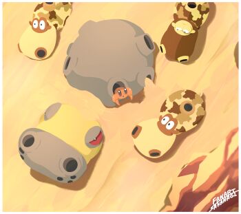 absurdres animal_focus artist_name border commentary_request dwebble evolutionary_line from_above gen_4_pokemon gen_5_pokemon highres hippopotas hippopotas_(female) hippopotas_(male) hippowdon hippowdon_(male) nintendo no_humans no_lineart nostrils pokemon pokemon_(creature) pokemon_focus sakanagi_(a_r_co) sand white_border