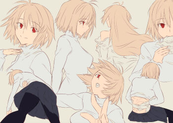 1girl ahoge archetype_earth arcueid_brunestud bare_shoulders black_pantyhose blonde_hair blue_skirt blush bound breasts burger commentary_request detached_sleeves duct_tape eating floating_hair food from_below from_side hair_between_eyes hair_intakes hand_on_own_stomach holding holding_burger holding_food long_hair miniskirt pantyhose red_eyes shoki_line_dot short_hair skirt smile sweater tape tape_bondage tsukihime tsukihime_(remake) turtleneck turtleneck_sweater wavy_hair white_sweater