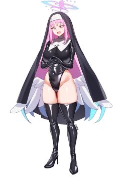 1girl alternate_costume angel_wings black_leotard black_veil blue_archive coif commentary cosplay covered_navel english_commentary feathered_wings full_body gloved_sleeves gradient_halo halo highleg highleg_leotard highres justina_follower_(blue_archive) justina_follower_(blue_archive)_(cosplay) latex latex_legwear latex_leotard latex_thighhighs leotard linear_71 long_hair low_wings mika_(blue_archive) multicolored_halo nun own_hands_clasped own_hands_together pink_hair pink_halo sleeved_leotard solo thighhighs veil white_background white_wings wings yellow_halo
