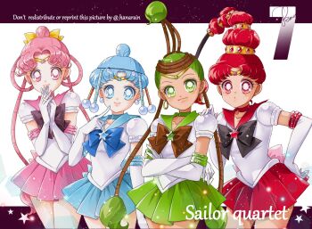 Rule 34 | 4girls, :o, amazoness quartet, back bow, bishoujo senshi sailor moon, bishoujo senshi sailor moon stars, black bow, black bowtie, blue bow, blue bowtie, blue hair, blue sailor collar, blue skirt, bow, bowtie, brooch, brown bow, brown bowtie, cerecere (sailor moon), choker, circlet, collarbone, earrings, elbow gloves, forehead, gem, gloves, green hair, green sailor collar, green skirt, jewelry, junjun (sailor moon), miniskirt, multiple girls, pallapalla (sailor moon), parted bangs, pearl (gemstone), pearl earrings, pink bow, pink hair, pink sailor collar, pink skirt, pleated skirt, puffy short sleeves, puffy sleeves, purple bow, purple bowtie, red hair, red sailor collar, red skirt, sailor ceres, sailor collar, sailor juno, sailor pallas, sailor vesta, sarashina kau, shirt, short sleeves, skirt, smile, stud earrings, vesves (sailor moon), white gloves, white shirt