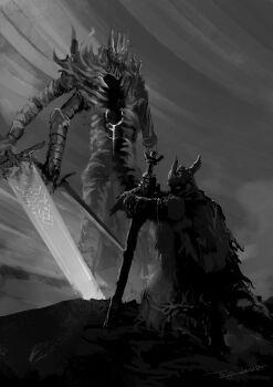 1girl 1other armor artist_name character_request commentary_request crown elden_ring extra_arms grey_background greyscale helmet highres holding holding_sword holding_weapon kneeling looking_at_another monochrome standing sword tripdancer weapon
