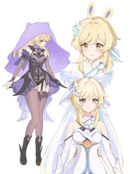 2girls bare_shoulders black_dress black_pantyhose black_shoes black_thighhighs blonde_hair blush breasts cleavage closed_mouth commentary_request dress fischl_(genshin_impact) flower full_body genshin_impact green_eyes hair_between_eyes hair_flower hair_ornament highres long_hair lumine_(genshin_impact) medium_breasts multiple_girls multiple_views pantyhose pumu_(pumu_co29) purple_veil shoes short_hair_with_long_locks signature simple_background single_leg_pantyhose single_thighhigh sleeveless sleeveless_dress smile thighhighs twitter_username upper_body veil white_background white_dress white_flower yellow_eyes