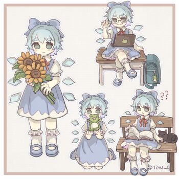 1girl ? ?? adjusting_eyewear animal aqua_hair bench bespectacled black_cat blue_bag blue_bow blue_dress blue_eyes blue_shoes bobby_socks book book_on_lap bow cat chigu cirno closed_mouth commentary_request computer crossed_legs desk dress flower glasses hair_bow hand_on_eyewear highres holding holding_animal holding_flower holding_frog laptop looking_at_viewer mary_janes multiple_views neck_ribbon on_desk pinafore_dress puffy_short_sleeves puffy_sleeves reading red_ribbon ribbon shirt shoes short_hair short_sleeves sitting sleeveless sleeveless_dress smile socks sunflower touhou twitter_username white_shirt white_socks yellow_flower