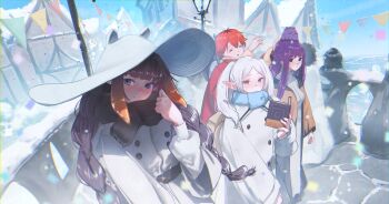 1boy 2others 3girls absurdres black_scarf blue_eyes blue_scarf coat commentary creature_on_head elf fern_(sousou_no_frieren) floomf frieren gradient_hair green_eyes hat highres hololive hololive_english looking_at_viewer mole mole_under_eye multicolored_hair multiple_girls multiple_others ninomae_ina'nis orange_hair outdoors pointy_ears purple_hair red_hair scarf snow sousou_no_frieren stark_(sousou_no_frieren) string_of_flags takodachi_(ninomae_ina'nis) tentacle_hair virtual_youtuber white_coat white_hair white_hat wide_brim winter winter_clothes