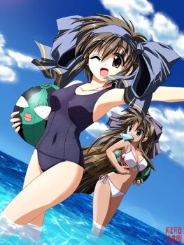 2girls arm_up armpits artist_name ball bare_arms beachball bikini blue_eyes blue_hairband blue_one-piece_swimsuit blue_sky bow breasts brown_eyes brown_hair cleavage cloud commentary covered_navel dark-skinned_female dark_skin day dutch_angle f20_(funimaru) food food_in_mouth front-tie_bikini_top front-tie_top fruit hair_bow hairband holding holding_ball holding_beachball holding_food holding_fruit holding_watermelon large_breasts long_hair looking_at_viewer multiple_girls murasaki_nakoruru nakoruru ocean one-piece_swimsuit one_eye_closed open_mouth outdoors popsicle popsicle_in_mouth purple_bow purple_hairband rimururu samurai_spirits short_hair side-tie_bikini_bottom sky small_breasts smile standing summer swimsuit very_long_hair wading watermelon watermelon_beachball white_bikini