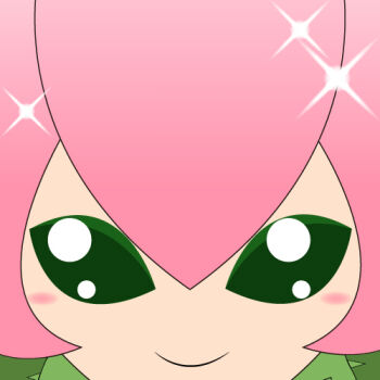 Rule 34 | 1girl, blush, commentary, digimon, digimon (creature), digimon adventure, facing viewer, flower, gogo cha, green eyes, hair flower, hair ornament, lilimon, looking at viewer, lowres, monster girl, pink hair, plant, plant girl, portrait, smile, solo, sparkle, thorns, vines