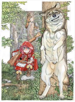 1girl animal antique_firearm behind_tree big_bad_wolf blue_eyes blunderbuss blush_stickers boots braid branch brown_boots cape commentary_request day firearm firelock flintlock forest freckles grass gun hand_on_own_knee hiding highres holding holding_gun holding_weapon honjo_kei hood hood_up hooded_cape knee_up little_red_riding_hood_(fairy_tale) little_red_riding_hood_(fairy_tale_character) looking_at_viewer medium_hair musket nature open_mouth outdoors over_shoulder pantyhose pink_hair rearing red_cape red_skirt rock scared shirt signature skirt smile squirrel standing sweat thick_eyebrows traditional_media tree twin_braids uneven_footing weapon weapon_over_shoulder white_pantyhose white_shirt wolf