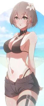 1girl absurdres akagi_hina arms_behind_back bikini bikini_bottom_under_shorts bikini_under_clothes black_bikini black_shorts blue_sky blush breasts brown_eyes brown_hair cleavage closed_mouth cloud commentary_request day eyelashes flower hair_flower hair_ornament highres kamitsune navel nier_(series) nier_reincarnation one-piece_tan outdoors short_hair shorts sky smile stomach swimsuit tan tanline white_flower