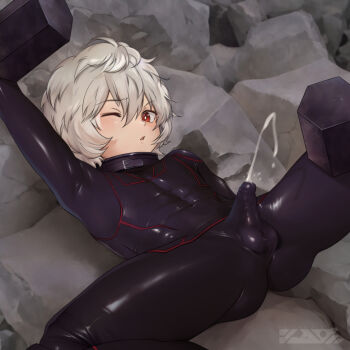 1boy arm_up artist_name black_bodysuit bodysuit bright_pupils commentary cum debris ejaculation ejaculation_under_clothes erection feet_out_of_frame koyama_risu kuga_yuuma male_focus navel parted_lips penis red_eyes short_hair shota skin_tight solo spread_legs testicles watermark white_hair white_pupils world_trigger