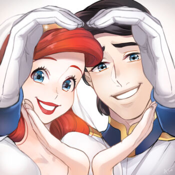 Rule 34 | 1boy, 1girl, ano (sbee), ariel (disney), artist name, black hair, blue eyes, close-up, couple, diadem, disney, dress, eric (disney), eyelashes, formal clothes, gloves, grey background, happy, heart, heart hands, hetero, lipstick, long hair, looking at viewer, makeup, red hair, short hair, simple background, smile, sparkle, suit, the little mermaid (disney), veil, white dress