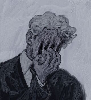 1boy black_coat black_necktie censored censored_identity claw_pose coat collared_shirt commentary curly_hair english_commentary greyscale highres male_focus monochrome necktie original revol4357 self-harm shirt short_hair smearing solo surreal white_shirt