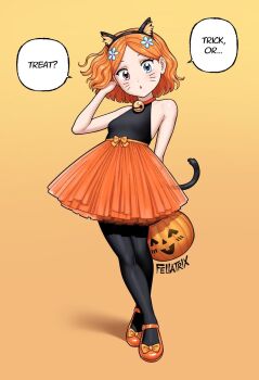 1girl animal_ears artist_name bell black_pantyhose black_shirt blue_eyes brown_eyes cat_ears cat_girl cat_tail commentary english_commentary english_text facial_mark fellatrix halloween_costume heterochromia highres jack-o&#039;-lantern jingle_bell looking_at_viewer neck_bell orange_background orange_hair orange_shoes orange_skirt original pantyhose shirt shoes short_hair simple_background skirt sleeveless sleeveless_shirt speech_bubble suzie_q_(fellatrix) tail whisker_markings
