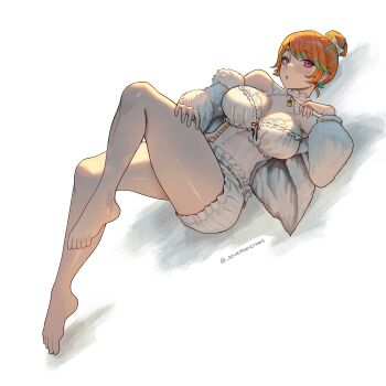 1girl absurdres babydoll barefoot bow breasts cleavage colored_tips commentary english_commentary frilled_shorts frills fur_jacket green_hair hair_bow hair_bun highres hololive hololive_english jacket large_breasts looking_at_viewer lying multicolored_hair off_shoulder official_alternate_costume official_alternate_hair_length official_alternate_hairstyle on_back open_mouth orange_hair pom_pom_(clothes) see-through_babydoll see-through_clothes seventeencrows short_hair shorts simple_background single_hair_bun solo streaked_hair swept_bangs takanashi_kiara takanashi_kiara_(cozy) virtual_youtuber white_babydoll white_background white_shorts