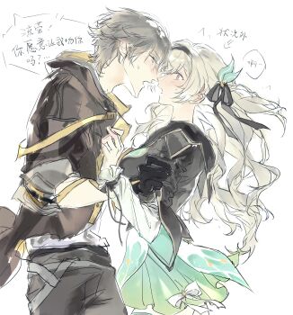 Rule 34 | 1boy, 1girl, absurdres, caelus (honkai: star rail), chinese commentary, coat, commentary request, couple, dress, firefly (honkai: star rail), from side, green eyes, grey hair, hair ornament, headband, heads together, hetero, highres, honkai: star rail, honkai (series), incoming kiss, leaning back, leaning forward, light blush, looking at another, mixed-language commentary, nervous, noses touching, open mouth, pants, speech bubble, standing, trailblazer (honkai: star rail), translation request, wanyu22719, white background, yellow eyes