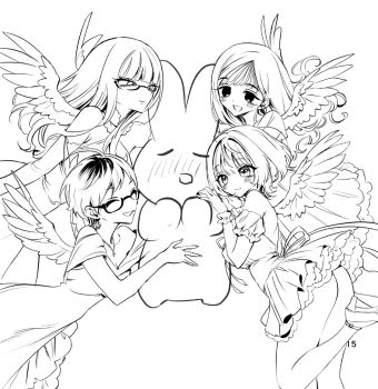4girls :d ^_^ ahoge akiyama_enma angel_wings artist_self-insert ass blunt_bangs blush breasts character_request cleavage closed_eyes closed_mouth detached_sleeves dress frilled_dress frills glasses greyscale grin large_breasts long_hair looking_at_another medium_breasts microdress monochrome multiple_girls negiemon noa-senpai_wa_tomodachi. nose_blush off-shoulder_dress off_shoulder open_mouth rabbit saotome_noa semi-rimless_eyewear short_hair short_sleeves simple_background smile tachibana_ririna tareme tsurime under-rim_eyewear white_background wings wispy_bangs
